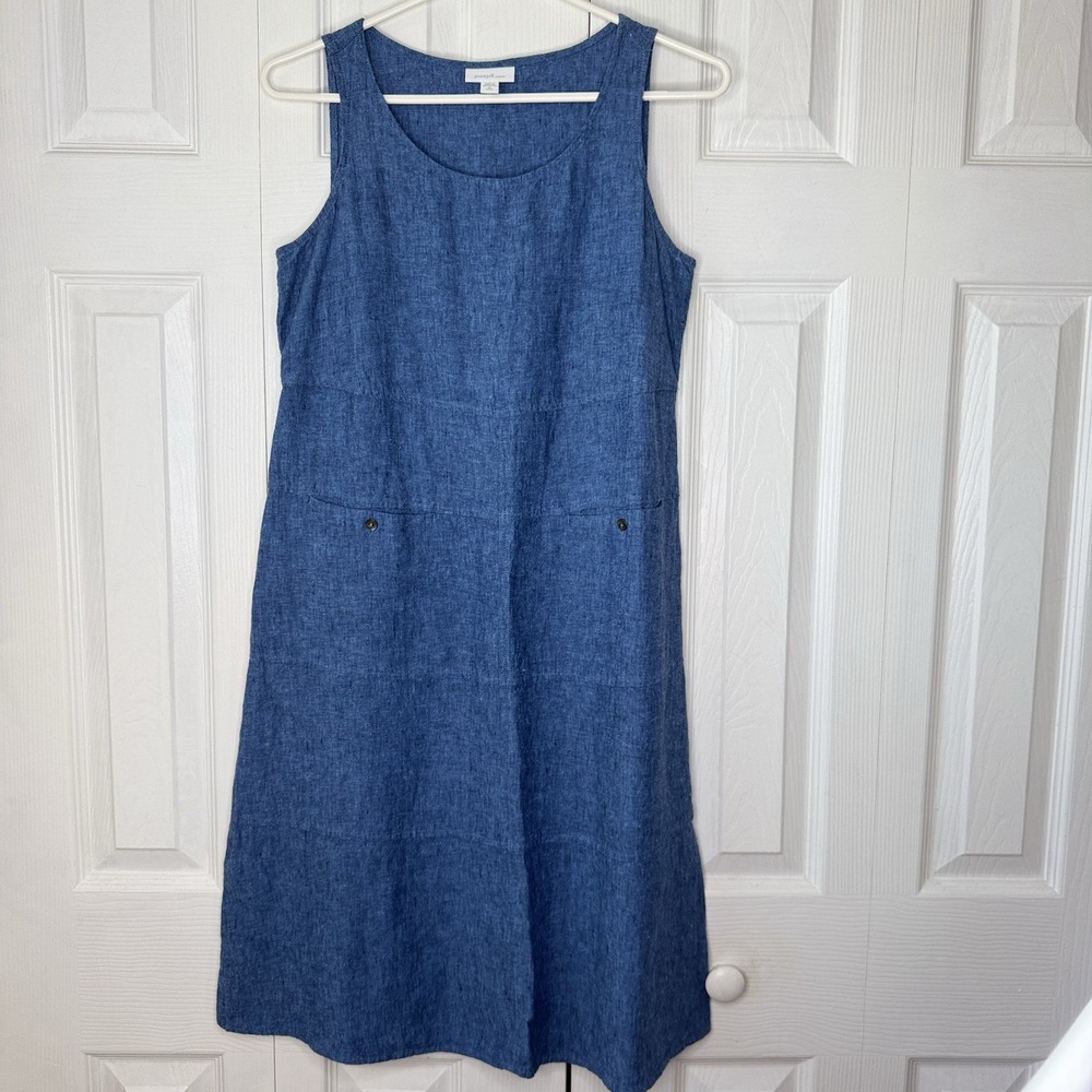 Pure Jill J Jill Linen Shift Dress XS Petite Blue Sleeveless Pocket Lagenlook